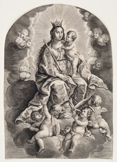 Maagd Maria in de wolken, met het kindje Jezus, scepter en kroon door Ubekendt