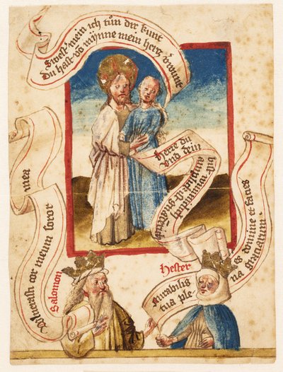 Christus omhelst een vrouw (personificatie van de gelovigen?) Beneden "Salomon" en "Hester" door Ubekendt