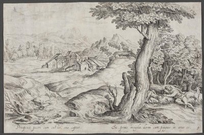 Landschap met een Stad en een Slapende Herder door Ubekendt