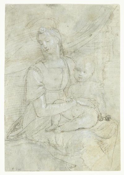 Maria met het kind Jezus, zittend voor een draperie. Op de achtergrond in een deuropening een man door Ubekendt