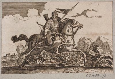 Ottomaanse cavalerist met lans en boog. Op de achtergrond een ruitergevecht door Ubekendt