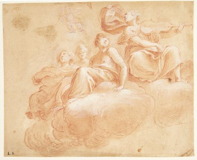 Figuren zittend op wolken. Schets voor allegorie (?) door Ubekendt Ubekendt