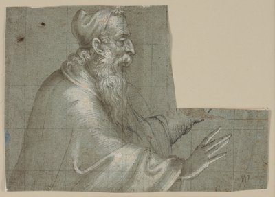 Oude man (een doge?), halve figuur, profiel naar rechts met uitgestrekte handen door Ubekendt Ubekendt