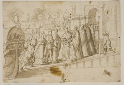 Koning Henri III, Doge Alvise Mocenigo en Kardinaal San Sisto ontvangen door de Venetiaanse patriarch Giovanni Trevisan op het Lido in Venetië door Ubekendt Ubekendt