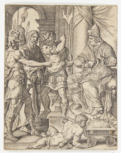 Christus voor de hogepriester Annas door Ubekendt efter Dirck Volckertsz. Coornhert efter Maarten van Heemskerck