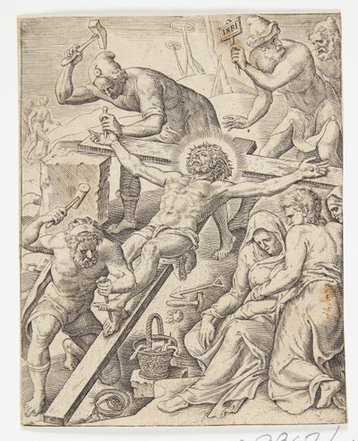Christus aan het kruis genageld door Ubekendt efter Dirck Volckertsz. Coornhert efter Maarten van Heemskerck