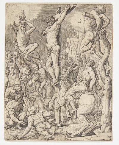 De dood van Christus aan het kruis door Ubekendt efter Dirck Volckertsz. Coornhert efter Maarten van Heemskerck