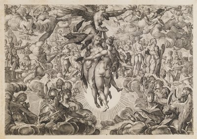 Schilderkunst, Beeldhouwkunst en Architectuur, Verbannen door de Turken, Teruggetrokken naar Olympus door Ubekendt efter Jan Muller; H. Goltzius; Ae. Sadeler og Lucas Kilian efter Bartholomeus Spranger