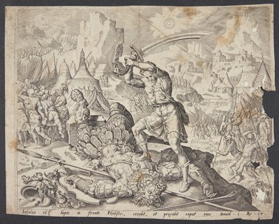 Abner presenteert David met het hoofd van Goliath aan Saul door Ubekendt efter Maarten van Heemskerck