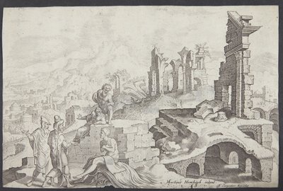 Job op de mesthoop met zijn vrouw en drie vrienden door Ubekendt efter Maarten van Heemskerck