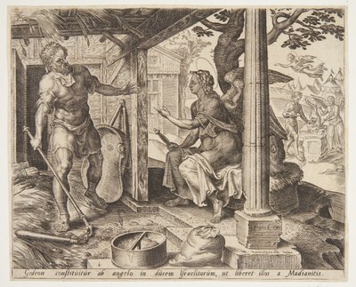De engel verschijnt aan Gideon door Ubekendt efter Maarten van Heemskerck