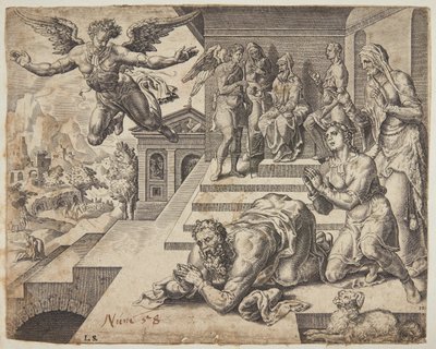 Het vertrek van de engel door Ubekendt efter Maarten van Heemskerck