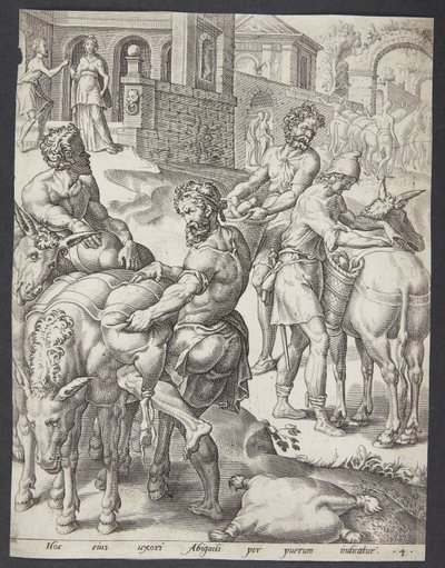 De dienaren van Abigail laden de ezels met voedsel voor David door Ubekendt efter Maarten van Heemskerck