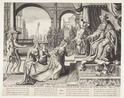 Esther voor Ahasveros, hem uitnodigend voor een banket door Ubekendt efter Philips Galle efter forlæg af Maarten van Heemskerck