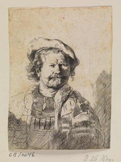 Rembrandt in een platte pet en geborduurde jurk door Ubekendt efter Rembrandt