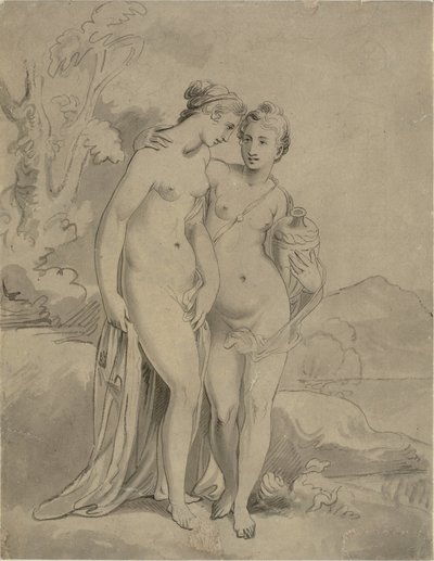 Twee nimfen in een landschap door Ubekendt engelsk kunstner 1820