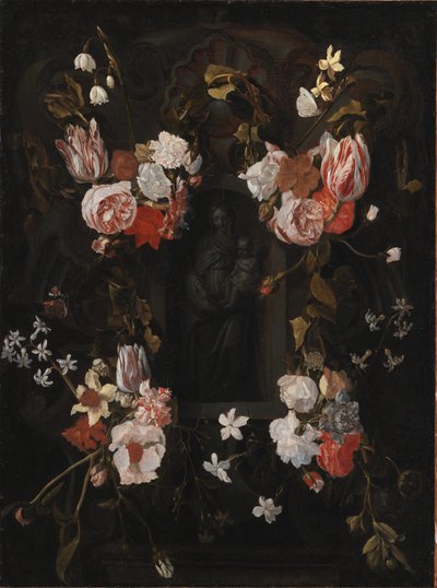 Een stenen cartouche met de Maagd Maria en het Christuskind in een nis omringd door een bloemenkrans door Ubekendt flamsk 1600 tallet