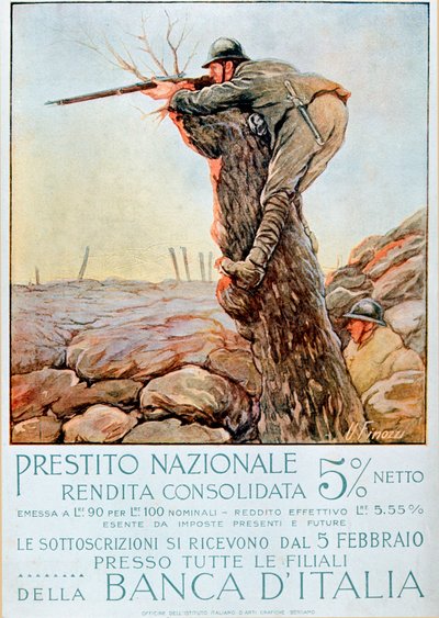 Eerste Wereldoorlog: Italiaanse poster die nationale leningen aanmoedigt. Illustratie door Ugo Finozzi (20e eeuw). 1914-1918 door Ugo Finozzi