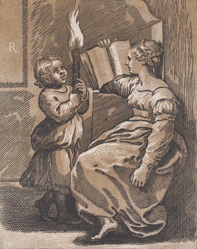Een Sibyl die een boek leest naar links door Ugo da Carpi