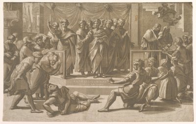 De dood van Ananias, omringd door apostelen door Ugo da Carpi
