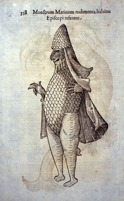 De zee-eveque, denkbeeldige vis en zeemonster door Ulisse Aldrovandi (1522-1605), 