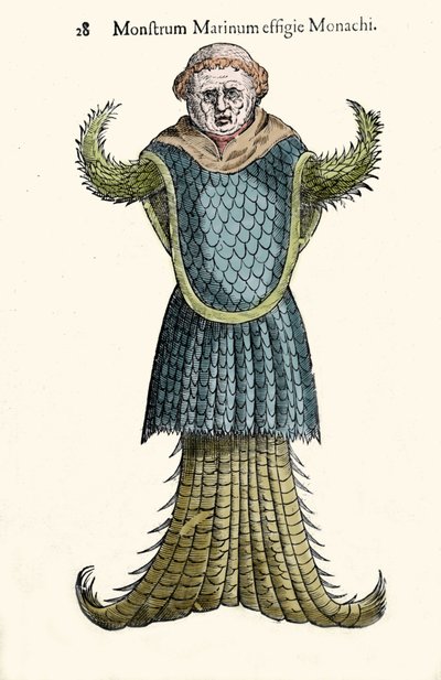 De zeemonnik, denkbeeldige vis en zeemonster door Ulisse Aldrovandi (1522-1605), "Monstrorum Historiae", Bologna 1642 door Ulisse Aldrovandi