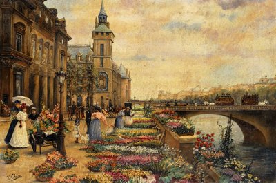 Een bloemenmarkt aan de Seine door Ulpiano Checa y Sanz
