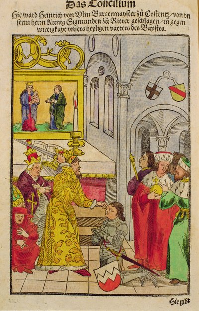 Hendrik van Ulm wordt tot ridder geslagen door de Keizer op het Concilie van Konstanz, uit 