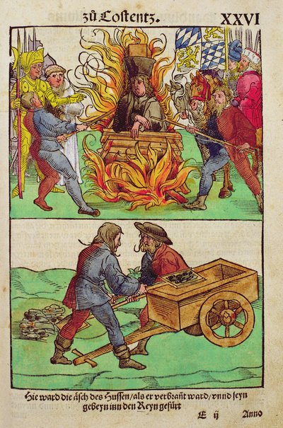 De Executie van Jan Hus of een van zijn priesters op het Concilie van Konstanz, uit 