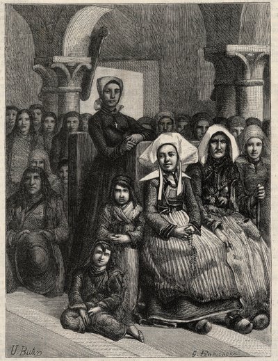 Een preek in een kerk in Bretagne, tekening door M.U. Loot. Gravure in 