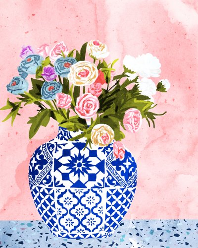 Bloemen in een blauwe vaas door Uma Gokhale