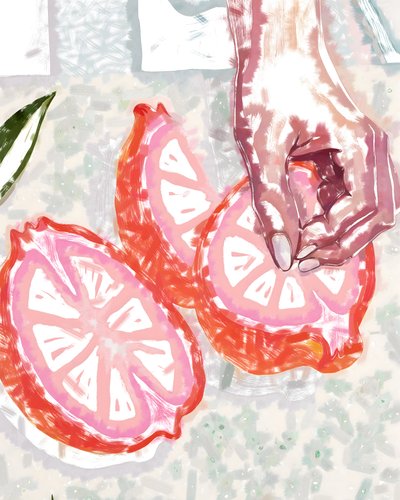 Hand en roze citrus door Uma Gokhale