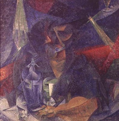 Compositie van de figuur van een vrouw aan een tafel door Umberto Boccioni