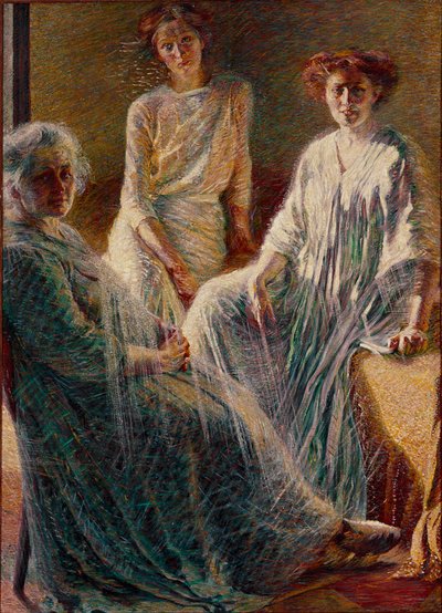 Drie vrouwen. Alle drie gekleed in wit, ze symboliseren de drie leeftijden van het leven. Schilderij door Umberto Boccioni (1882-1916) 1909-1910. Privécollectie door Umberto Boccioni