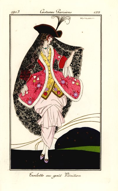 Vrouw in modieuze outfit in Venetiaanse stijl door Umberto Brunelleschi