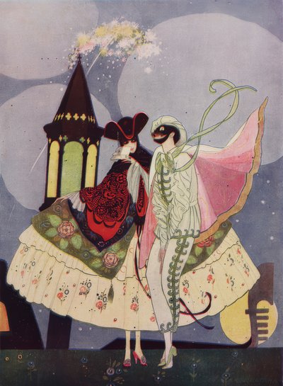 Twee Venetiaanse maskers en een gondel in het werk Carnevale door Umberto Brunelleschi