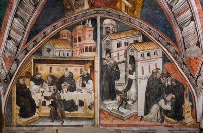 Episodes uit het leven van Sint-Benedictus van Nursie: links de aanval van de monniken van Vicovaro die Sint-Benedictus proberen te vergiftigen, deze breekt wonderbaarlijk de beker met het gif, rechts Sint-Benedictus die een monnik met acedie bestraft door Umbrian School