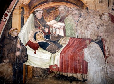 De dood van Sint Scholastica (ca. 480- ca. 543), zus van Sint Benedictus van Nursia. Ze is omringd door Benedictijnse monniken. Fresco van de Umbrische school uit de 15e eeuw. Klooster van Sint Benedetto (Sacro Speco), Subiaco (Rome), Italië door Umbrian School