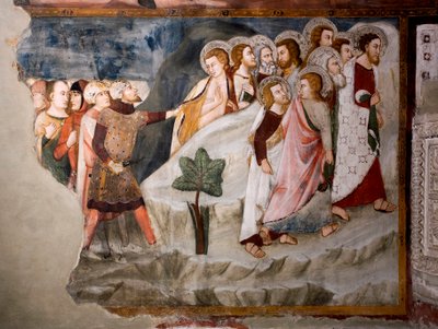 De vlucht van de apostelen (detail). Fresco van de Umbria-school uit de 15e eeuw. Bovenkerk. Klooster van Sint Benedetto (Sacro Speco), Subiaco (Rome), Italië door Umbrian School