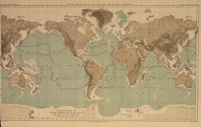 16 kaarten die oceaantemperaturen illustreren op verschillende diepten, uit verslagen van de Challenger-expeditie door Unbekannt