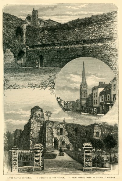 1. Het kasteel exterieur. 2. Interieur van het kasteel. 3. Hoofdstraat, met St. Nicholas Kerk, 1898 door Unbekannt