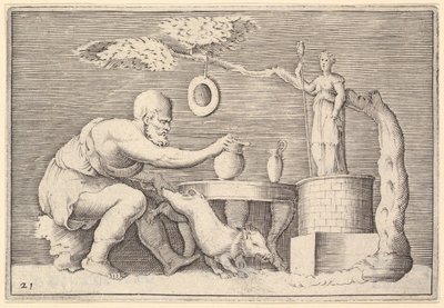 Een faun of sater die een varken voorbereidt voor offer, gepubliceerd ca. 1599-1622 door Unbekannt