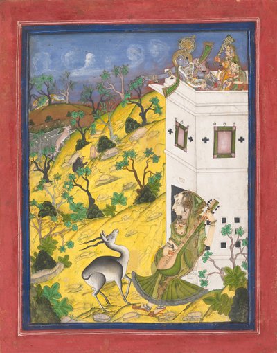 Een vrouwelijke muzikant betovert een antilope, ca. 1825 door Unbekannt