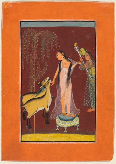 Een Dame met Begeleider en een Paar Herten, waarschijnlijk Gujari Ragini van Dipak, uit een Pahari Ragamala door Unbekannt