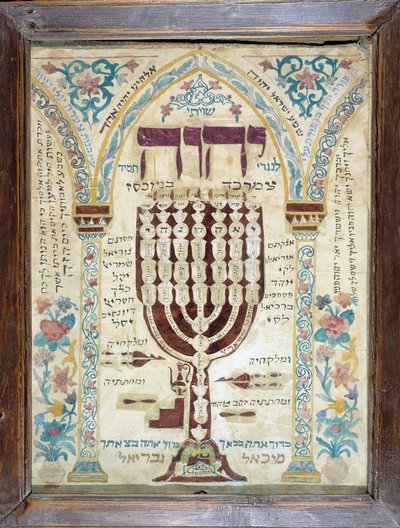 Een Misrach, die de richting van Jeruzalem aangeeft in Joodse huizen, die de Menorah voorstelt door Unbekannt