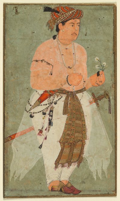 Een Mughal prins, misschien Danyal, met een takje bloemen, ca. 1580-1590 door Unbekannt