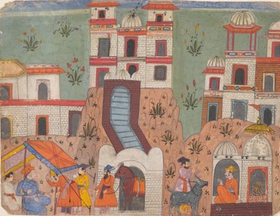 Een Raja ontvangt eerbetoon buiten de stad, uit een verspreid manuscript door Unbekannt