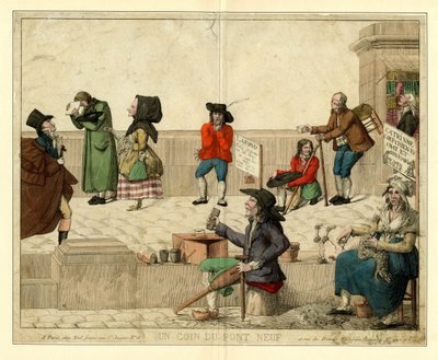 Een hoek van Pont Neuf, Parijs, met kreupele bedelaars en straatverkopers, ca. 1813 door Unbekannt
