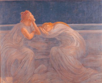 Een paar vrouwen in blauwe en grijze jurken slapen 