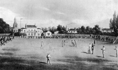 Een cricketwedstrijd in progressie op Kennington Oval, Londen door Unbekannt